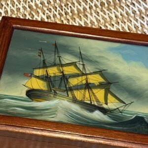 Vintage Hand‑Painted Maritime Wooden Box with a reverse glass painting , Mid‑20th Century.
