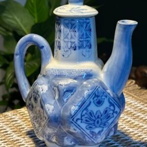 Beautiful Vintage Chinese blue and white ceramic teapot,featuring a unique hexagonal shape.