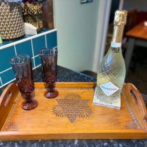 Vintage Hand-Carved Geometric Sunburst Wooden Tray – Mid-Century Folk Art.