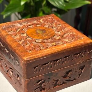 Vintage carved Indian wooden box for trinkets or jewellery.