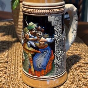Vintage West German Style Ceramic Beer Stein Mug, depicting beer drinking in the tavern.