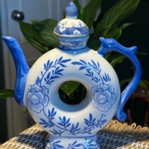 Beautiful Vintage Chinese Blue & White Ceramic Teapot – Unique Donut Shape, Floral Design.