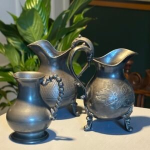 Set of 3 Vintage Ornate Metal Creamers | Antique Style Pewter.